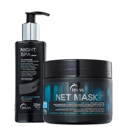 Kit com sérum de tratamento e máscara capilar. O frasco da esquerda é uma embalagem cilíndrica prateada com uma bomba dosadora preta. O segundo produto vem em uma embalagem preta e grande.
