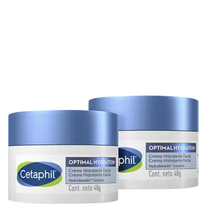 Dois frascos de creme hidratante facial da marca Cetaphil, com embalagem azul e branca. O rótulo indica que o produto é da linha "Optimal Hydration" e contém 48g de produto.