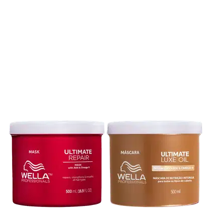 A imagem mostra as máscaras capilares Ultimate Repair à esquerda com um pote vermelho, tampas e detalhes em branco. Já à direita, tem a máscara capilar Ultimate Luxe Oil com um pote dourado tampas e detalhes em branco.