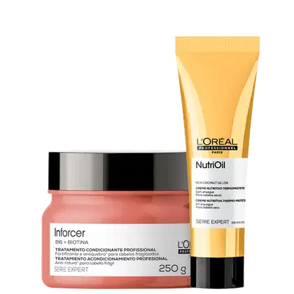 Dois recipientes de produtos de beleza da marca L'Oreal Professionnel. Um é um pote rosa com a inscrição "Inforcer B6 + Biotina" e o outro é um tubo amarelo com a inscrição "NutriOil". Ambos os produtos são da série Expert da marca.
