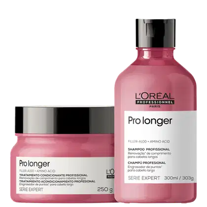 O produto de beleza da L'Oréal Professionnel é um tratamento condicionante profissional chamado "Pro Longer" com filler-A100 + ácido amino. O produto é apresentado em um frasco rosa e uma caixa rosa com detalhes em preto, contendo 250g e 300ml.