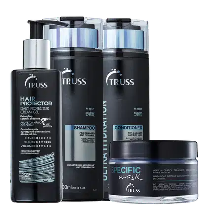 A imagem mostra quatro produtos de cuidados capilares da marca Truss. Há um frasco de leave-in, um de shampoo, um de condicionador e um pote com máscara capilar. Todas as embalagens são pretas e trazem detalhes em azul claro.