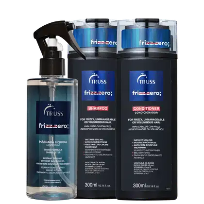 A imagem mostra uma linha de produtos de cabelo da marca Truss chamada "Frizz Zero". Há um frasco spray de máscara líquida, um pote de shampoo e um de condicionador. Todos os produtos têm uma aparência sofisticada em tons de azul e preto.