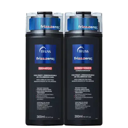 A imagem apresenta um shampoo e um condicionador, ambos com embalagens plásticas pretas de 300ml. Os frascos possuem um detalhe azul claro com o nome da linha "Frizz Zero" e o logo da Truss.