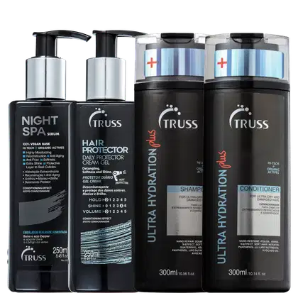 A imagem mostra um sérum noturno, um frasco de shampoo e condicionador e um leave-in. Os produtos são apresentados em frascos plásticos pretos e prata, exibindo os logotipos e descrições da marca Truss.
