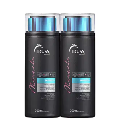A imagem mostra dois frascos de shampoo da marca Truss. Os frascos são pretos e apresentam detalhes em rosa e um brilho metálico azul na parte superior transparente.