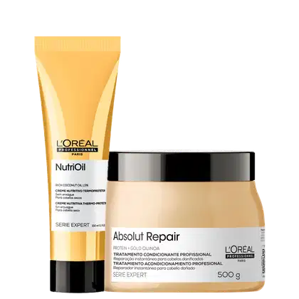 A imagem mostra um tubo com leave-in e um pote com máscara capilar, ambos da linha L'Oréal Professionnel Paris. O leave-in possui um tubo bege/dourado de 150ml com tampa preta. Já a máscara capilar possui um pote de 500g, bege com a tampa preta.