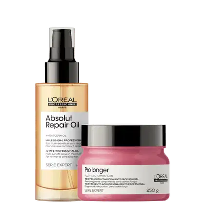 A imagem mostra um óleo capilar e uma máscara capilar. O óleo possui um frasco transparente com aplicador spray e o líquido dourado. Já a máscara capilar vem em um pote de 250g rosa com a tampa preta.