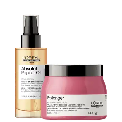 A imagem mostra um óleo capilar e uma máscara capilar. O óleo possui um frasco transparente com aplicador spray e o líquido dourado. Já a máscara capilar vem em um pote de 500g rosa com a tampa preta.