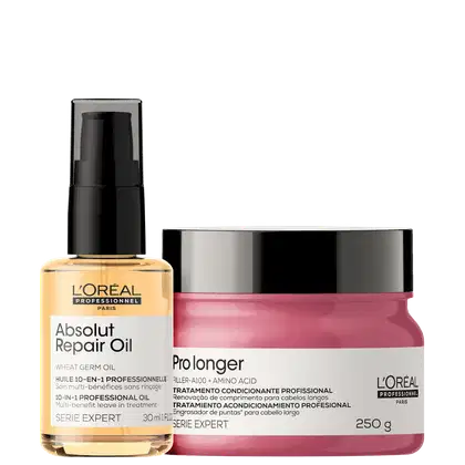 A imagem mostra um óleo capilar e uma máscara capilar. O óleo possui um frasco transparente de 30ml com aplicador spray e o líquido dourado. Já a máscara capilar vem em um pote de 250g rosa com a tampa preta.