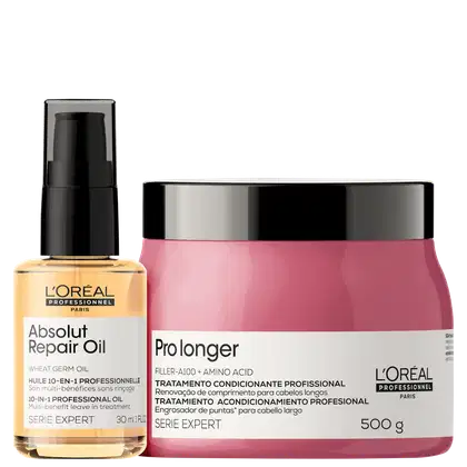 A imagem mostra um óleo capilar e uma máscara capilar. O óleo possui um frasco transparente de 30ml com aplicador spray e o líquido dourado. Já a máscara capilar vem em um pote de 500g rosa com a tampa preta.