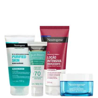 A imagem mostra um kit com quatro produtos da marca Neutrogena. Um gel de limpeza e um protetor solar facial, ambos com embalagem branca e verde, uma loção hidratante com embalagem branca e vermelha e um hidratante facial com embalagem azul e tampa branca