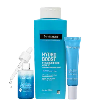 O imagem mostra um kit com 3 produtos Neutrogena da linha Hydro Boost. Um frasco grande, no meio, de hidratante corporal, na esquerda um frasco menor azul com o aplicador acima e na direita uma bisnaga pequena azul, com tampa branca para a área dos olhos.