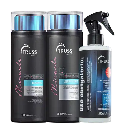 A imagem mostra três produtos da marca TRUSS, com dois frascos pretos de shampoo e condicionador da linha Miracle, com detalhes em azul e rosa claro, e do lado direito, um borrifador plástico preto com fundo azulado.