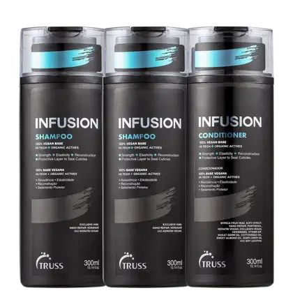 A imagem mostra três frascos de produtos da marca TRUSS. São dois frascos de shampoo e um de condicionador da linha Infusion. As embalagens trazem o nome da linha e tipo de produto em destaque, além de ativos, volumetria e logo da marca no rodapé.