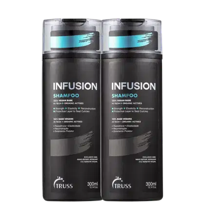 A imagem mostra um kit com 2 embalagens de produtos da marca TRUSS. São dois frascos grandes de shampoo, compridos, com fundo preto, nome da linha e tipo de produto acima, em destaque. No rodapé, a logo da marca.