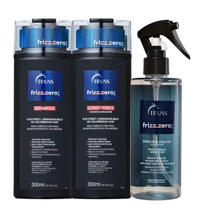 A imagem mostra três produtos de cuidados capilares da marca Truss, todos pertencentes à linha "Frizz Zero;". São um shampoo, um condicionador e uma máscara líquida, projetados especificamente para cabelos frizados, indisciplinados ou volumosos.