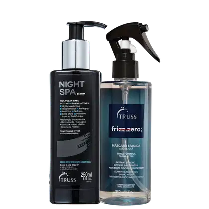 A imagem mostra dois produtos de cuidados capilares da marca Truss. O primeiro é um sérum noturno chamado "Night Spa". 
O segundo é uma máscara líquida chamada "Frizz.Zero; Máscara Líquida".