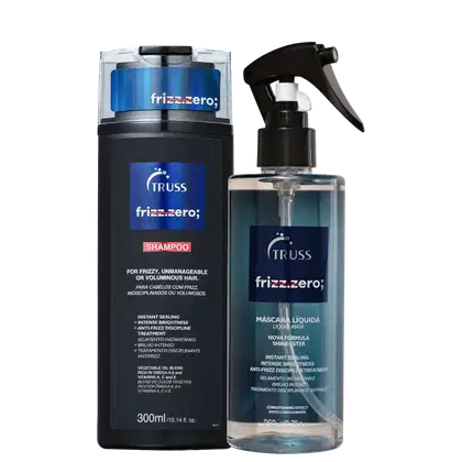 A imagem mostra produtos de cuidados capilares da marca Truss, da linha Frizz.zero, desenvolvidos especificamente para cabelos com frizz, indisciplinados ou volumosos. Os produtos apresentados são um shampoo e uma máscara líquida.