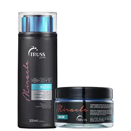 A imagem mostra dois produtos da marca de cosméticos Truss para cuidados capilares. O primeiro é um shampoo da linha "Miracle" que vem em uma embalagem preta com detalhes rosa. O outro produto é uma máscara de tratamento da mesma linha.