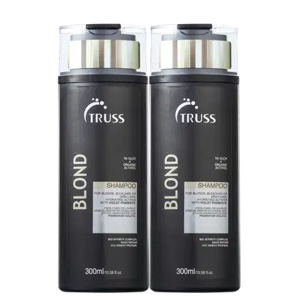 A imagem mostra dois frascos de Shampoo Blond da marca Truss para cabelos loiros, descoloridos ou grisalhos. Os frascos são pretos e têm detalhes em branco e dourado.