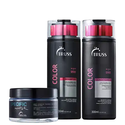 A imagem mostra produtos da marca Truss. São apresentados:

1- Shampoo Color
2- Condicionador Color
3- Máscara Capilar Specific