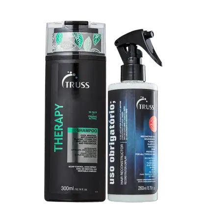 A imagem mostra dois produtos da marca Truss para cuidados capilares. O primeiro é um shampoo chamado "Therapy", para controle da caspa e queda. O segundo é o "Uso Obrigatório", com função de nutrir, reconstruir e adicionar elasticidade aos fios.