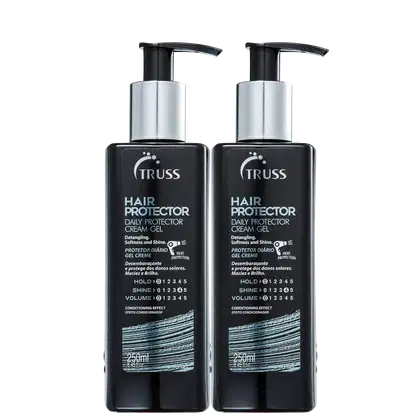 A imagem mostra dois frascos do Hair Protector da marca Truss. Os frascos são pretos com detalhes prateados e têm uma bomba dosadora preta na parte superior.