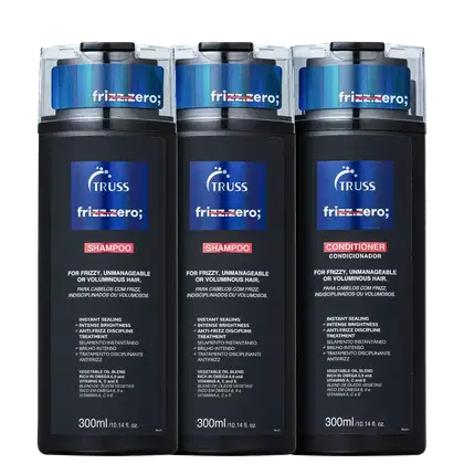 Dois shampoos e um condicionador da linha Frizz Zero. São embalagens cilíndricas e pretas, com detalhes em azul.