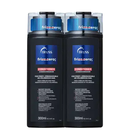 Dois condicionadores da linha Frizz Zero da marca Truss. São embalagens pretas com tonalidades em azul.