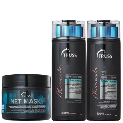A imagem mostra uma linha de produtos da marca Truss. São eles:
1. Shampoo Miracle
2. Condicionador Miracle
3. Máscara Capilar Net Mask