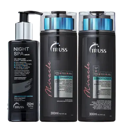 A imagem mostra uma linha de produtos da marca Truss. São eles:
1. Shampoo Miracle
2. Condicionador Miracle
3. Sérum Capilar Night Spa