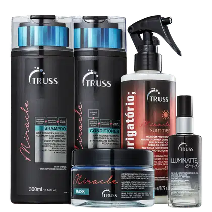 A imagem mostra produtos da marca Truss. Os produtos apresentados são:

1. Shampoo Miracle 
2. Condicionador Miracle
3. Máscara Capilar Miracle
4. Uso Obrigatório Summer
5. Óleo Capilar Illuminatte Oil