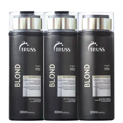 A imagem mostra três produtos para cabelos louros, descoloridos ou grisalhos da marca Truss. Dois deles são shampoos e um deles é um condicionador, todos com embalagens pretas e detalhes em prata metálico.