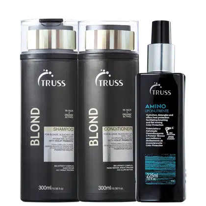 A imagem mostra três produtos Truss. Os dois primeiros são um shampoo e um condicionador da linha Blond, destinados a cabelos loiros, descoloridos ou grisalhos. O terceiro é um leave-in que promete hidratação, desembaraçamento e proteção térmica.