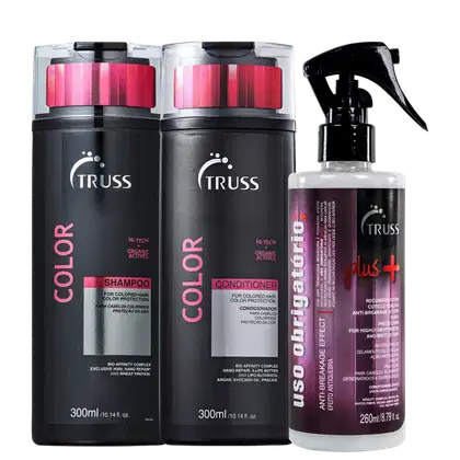 Na imagem um shampoo para cabelos coloridos da linha Color, que promete proteger a cor. Um condicionador da mesma linha. E um leave-in da linha Plus+, para reconstrução capilar, ação anti-quebra e brilho para cabelos muito danificados e opacos.