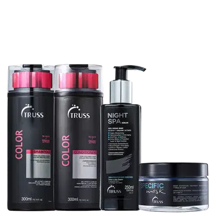 Na imagem um shampoo e condicionador da linha Color em embalagem preta com detalhes em prata e rosa. Um sérum noturno e uma máscara capilar.