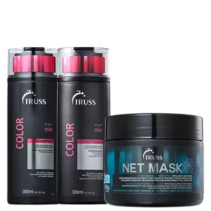 Kit Truss Color para cabelos coloridos inclui shampoo, condicionador e máscara Net Mask. Protege a cor, repara danos, hidrata e fortalece os fios. Ideal para manter cabelos saudáveis, sedosos e com uma cor vibrante.
