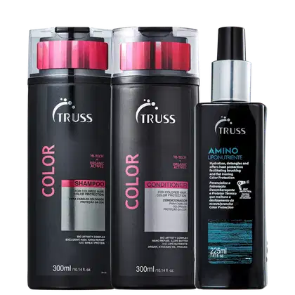 Na imagem há um shampoo e um condicionador de 300ml cada, ambos da linha Color. Eles têm um design preto com detalhes em rosa. O terceiro produto é um leave-in de 225ml que hidrata, desembaraça, protege a cor e facilita o alisamento dos cabelos.
