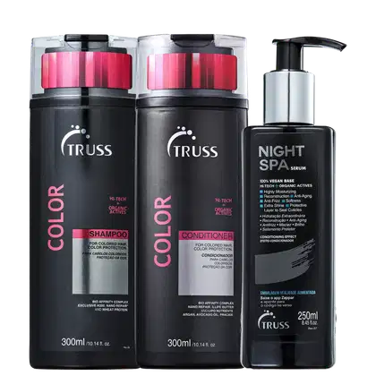 Na imagem um shampoo e um condicionador da linha Color, ambos em embalagens pretas e rosa, para proteção da cor e tratamento dos fios. Também há um sérum noturno chamado Night Spa, em embalagem preta com ativos orgânicos e high-tech para hidratação.