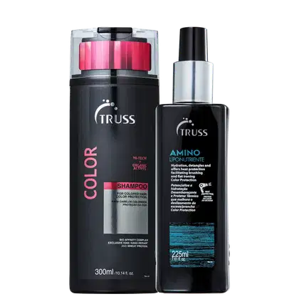 Na imagem há um shampoo de 300ml da linha Color. Ele têm um design preto com detalhes em rosa. Ao lado há um leave-in de 225ml que hidrata, desembaraça, protege a cor e facilita o alisamento dos cabelos.