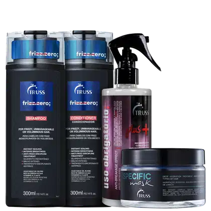 A imagem mostra quatro produtos Truss, voltados para cabelos com frizz.1. Shampoo "frizz.zero".
2. Condicionador "frizz.zero". 3. Um spray leave-in  reconstrutor. 4. Uma máscara de tratamento para hidratação profunda.
