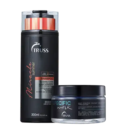 Na imagem um frasco de shampoo da Linha Miracle Summer de 300ml. Ao lado uma máscara capilar Specific de 180g. Ambos estão em embalagens pretas.