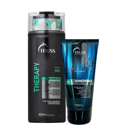 A imagem mostra dois produtos capilares da Truss: o shampoo "Therapy" e o esfoliante "Miracle Scrub Therapy". São embalagens com design elegante.