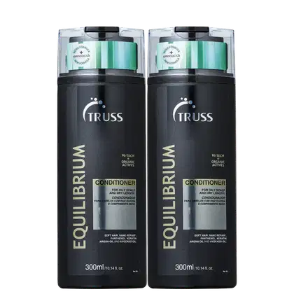 A imagem mostra dois condicionadores da marca Truss, linha Equilibrium.