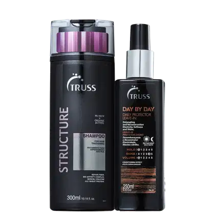 A imagem mostra uma linha de produtos para cabelos da marca Truss. São eles:
- Shampoo Structure
- Leave-in Day By Day