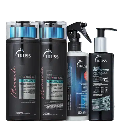 A imagem mostra uma linha de produtos para cabelos da marca Truss. São eles:
- Shampoo Miracle
- Condicionador Miracle
- Reconstrutor Capilar Uso Obrigatório
- Leave-in Hair Protector