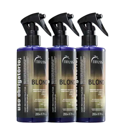 A imagem mostra 3 embalagens do Uso Obrigatório Blond dispostos lado a lado. O frasco é em spray 260ml com tampa preta e rótulo dourado com letras brancas.