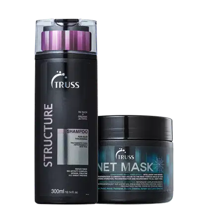 A imagem mostra 2 produtos TRUSS lado a lado. O primeiro é o shampoo Structure, numa embalagem de 300ml da cor preta com detalhes prateados e rosa. O segundo é a Net Mask em uma embalagem de 550g preta, rótulo com letras prateadas e detalhes azuis.