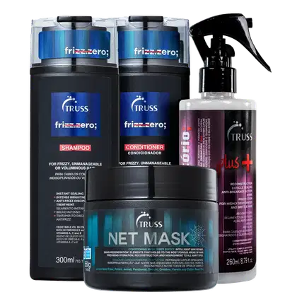 A imagem mostra a Net Mask com embalagem preta, rótulo com letras prateadas e detalhes azuis. Atrás dela temos o Uso Obrigatório Plus em embalagem spray com rótulo rosa; mais shampoo e condicionador frizz zero com embalagem preta e detalhes em azul.